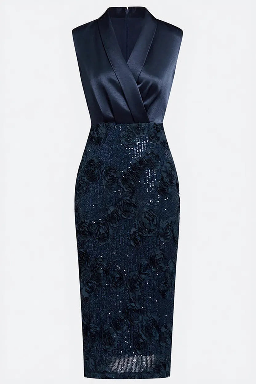 Isabele Satin Lapel V Neck Sleeveless 3D Floral Glitter Sequin Hem Sheath Midi Dress