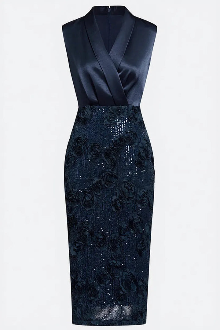 Isabele Satin Lapel V Neck Sleeveless 3D Floral Glitter Sequin Hem Sheath Midi Dress