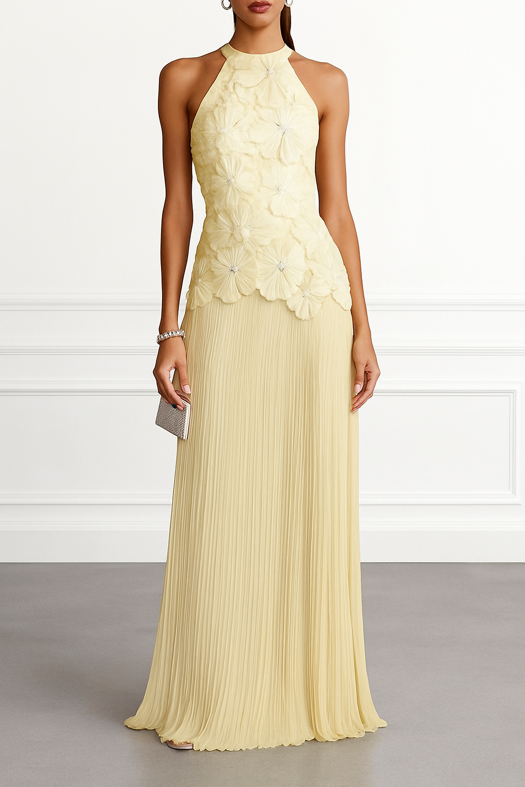 Emilie 3D Floral Embroidery Pleated Chiffon Hem Halter Neck Sleeveless Maxi Dress