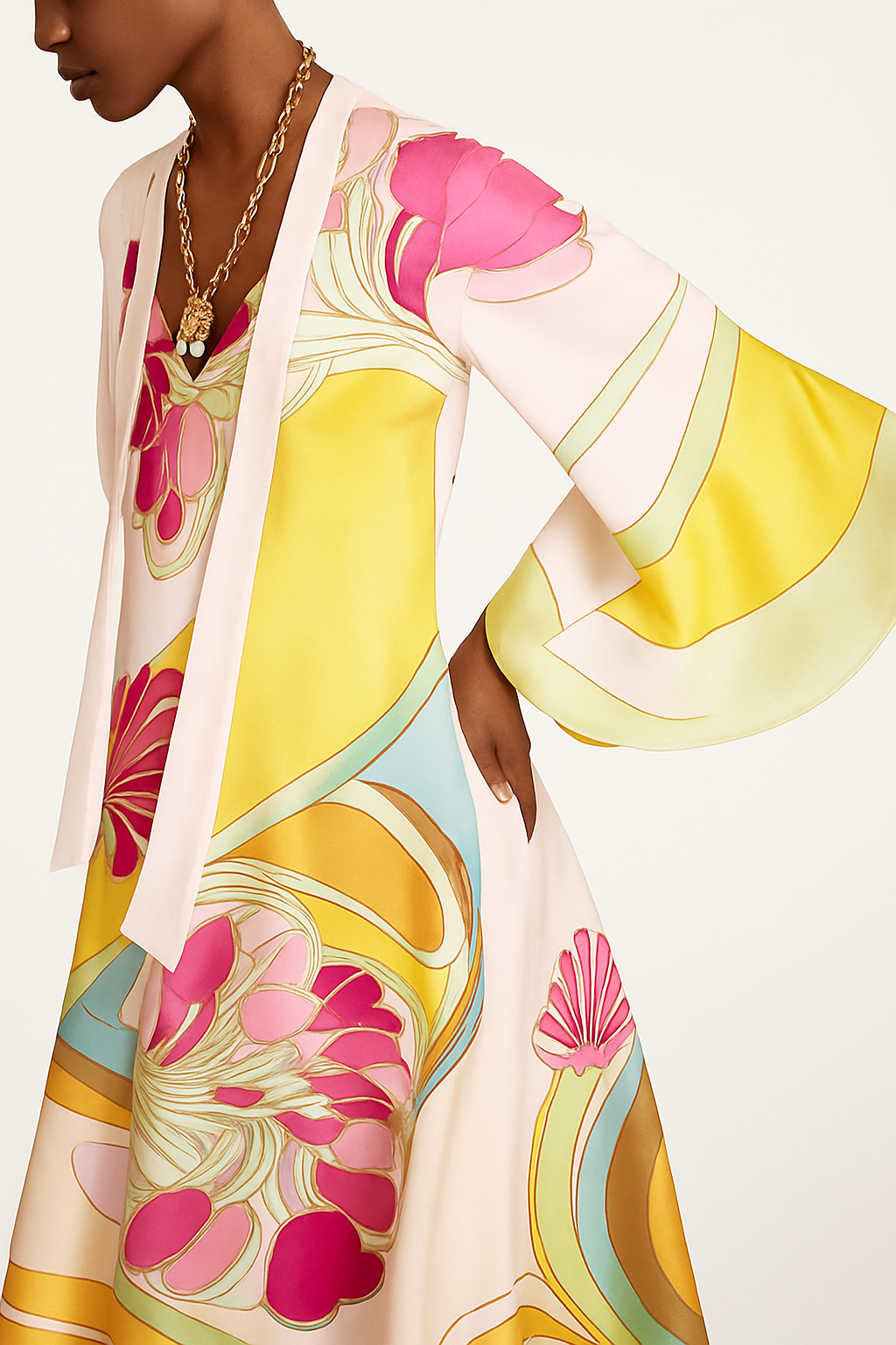 Darla Satin Colorful Baroque Style Printed Tie-up Neck Bell Sleeve Maxi Dress
