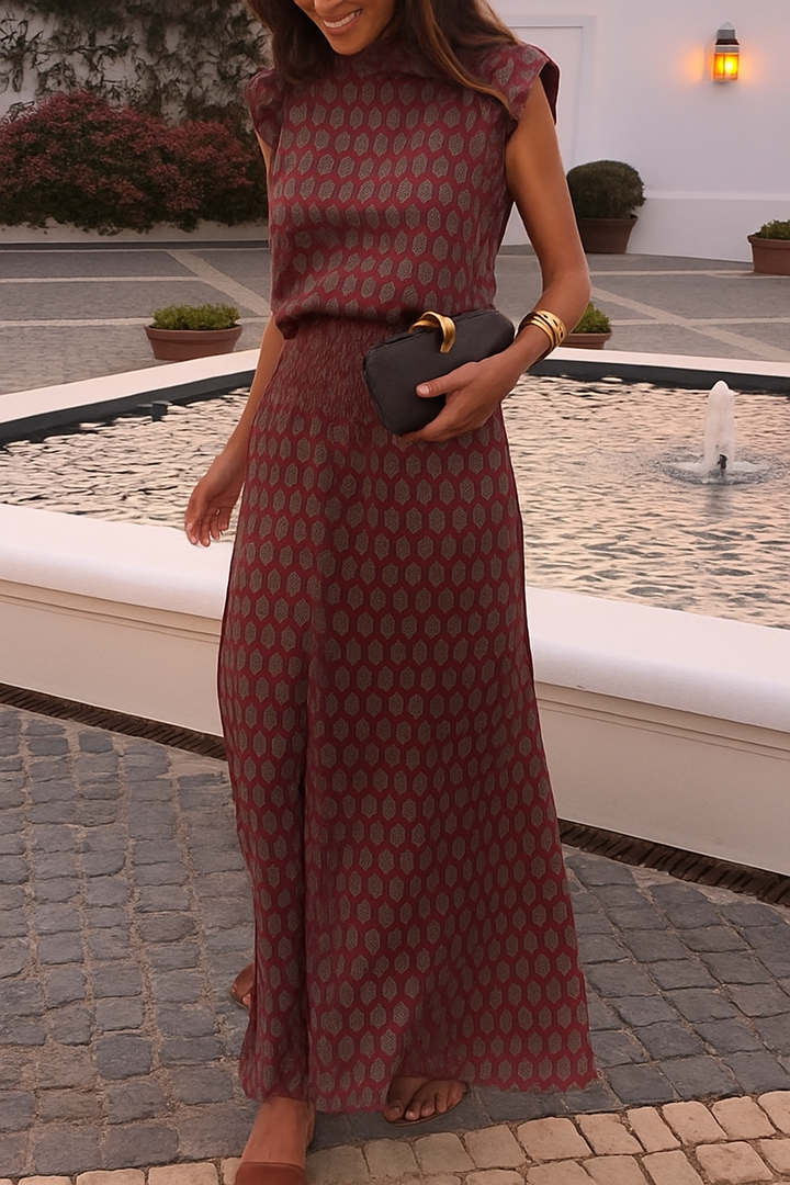 Dalena Satin Art Print High Tie-up Neck Short Sleeve Top and High Rise Maxi Skirt Set