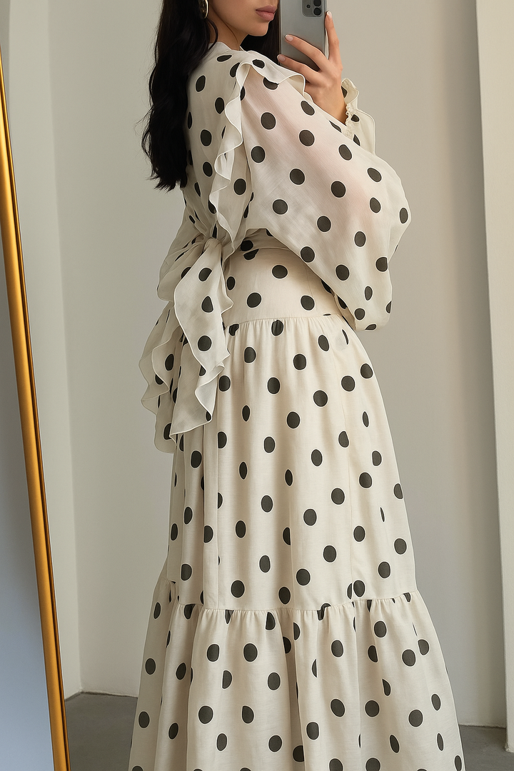 Stylish Polka Dot Print Stand Collar Long Sleeve Elegant Ruffle Maxi Dress