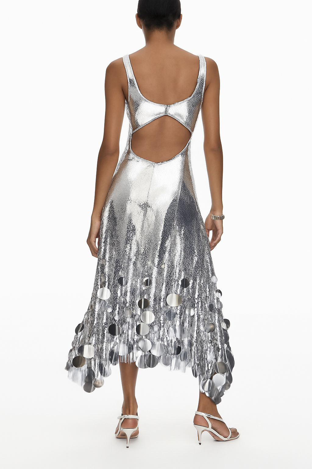 Party Tips Sequin Irregular Round Tassels Hem Back Cutout Tank Maxi Dress