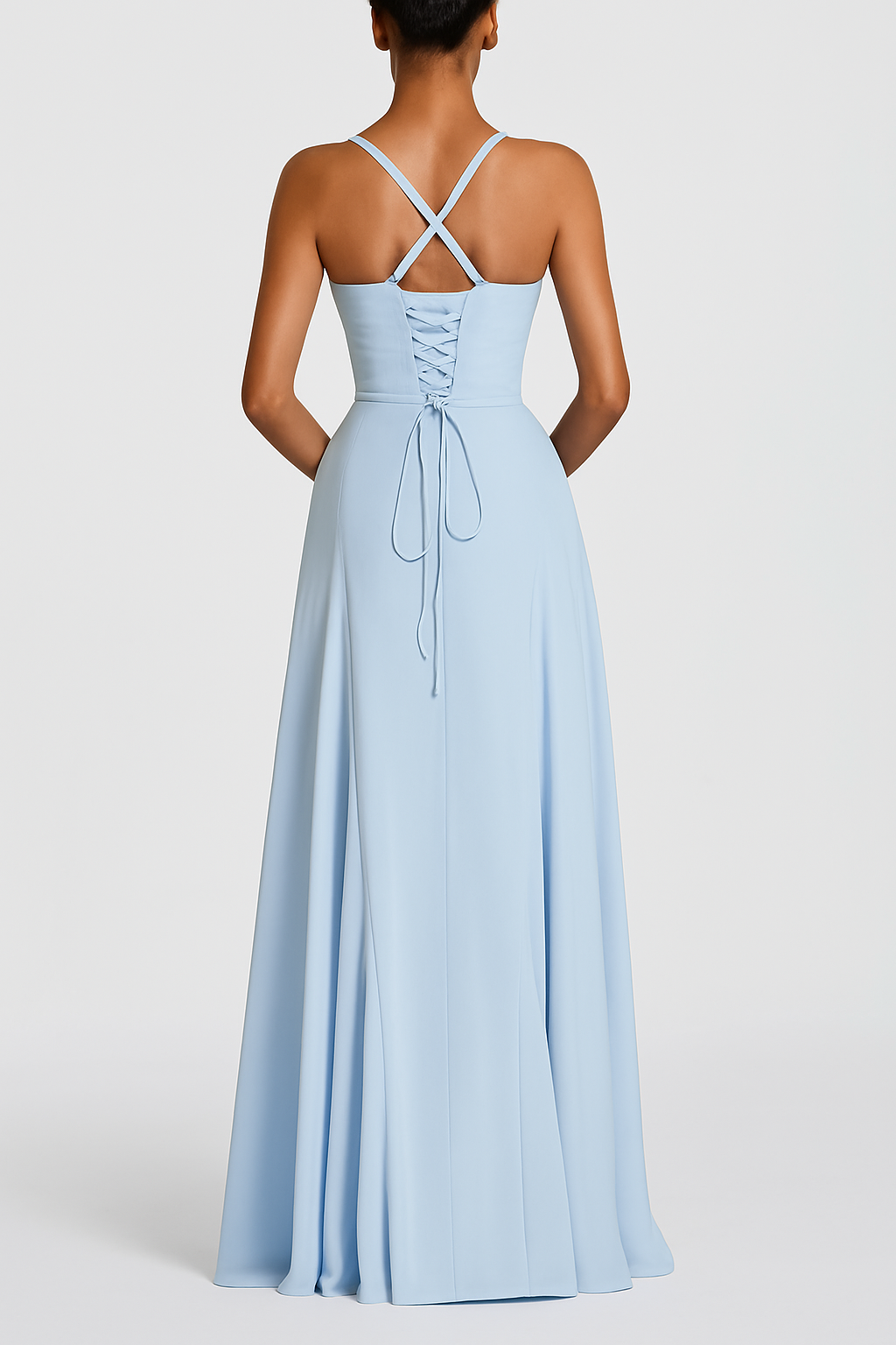 Irie Chiffon Sweetheart Neck Tapered Shoulder Straps Back Lace-up Drape Maxi Dress