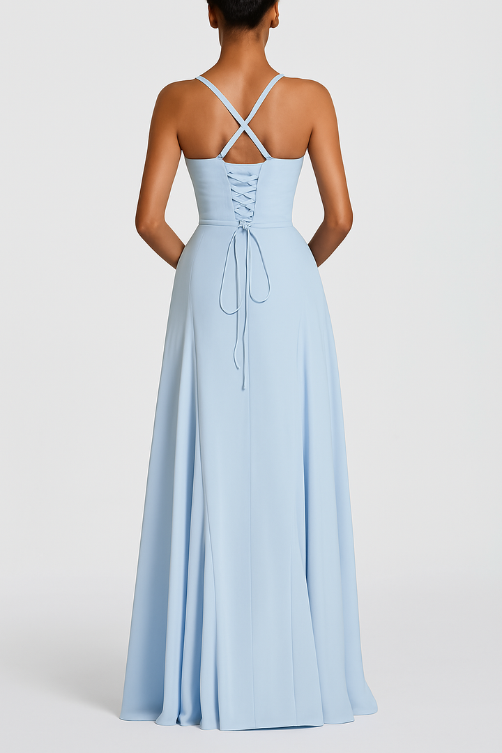 Irie Chiffon Sweetheart Neck Tapered Shoulder Straps Back Lace-up Drape Maxi Dress