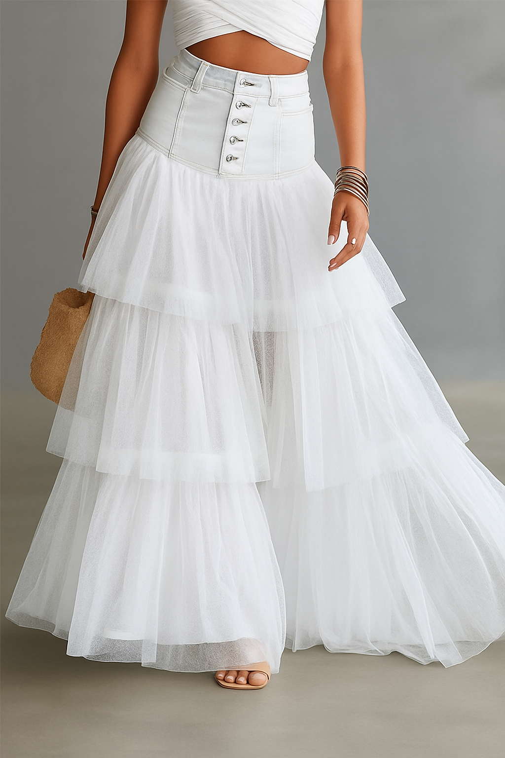 Y2K Fairycore Denim Corset Waist Tulle Maxi Skirt