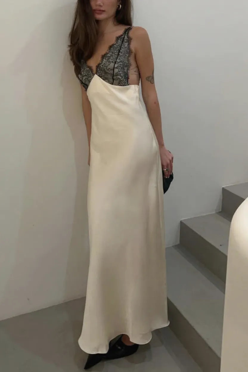 Fashionable Satin Lace Patchwork Spaghetti Strap Backless Elegant Slim-fit Maxi Dress