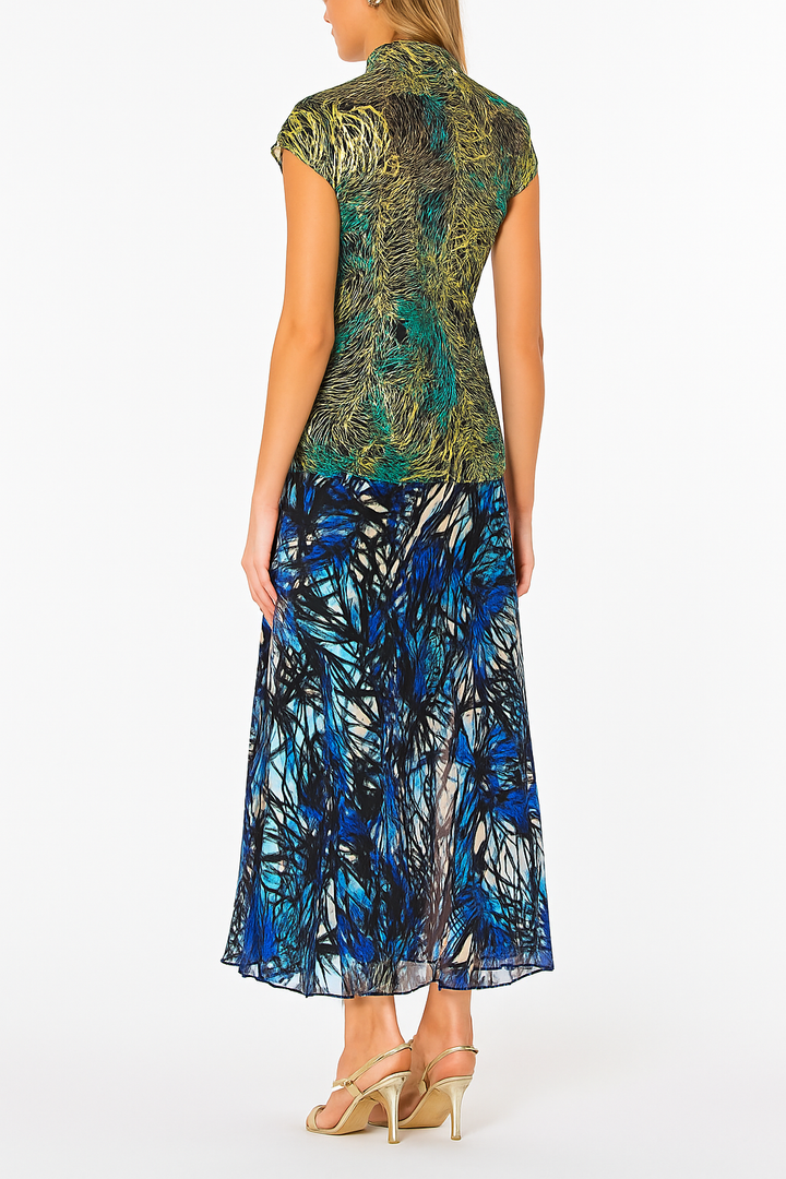 Ellie Color Block Butterfly Print Cutout Design Stand Neck Chiffon Hem Midi Dress