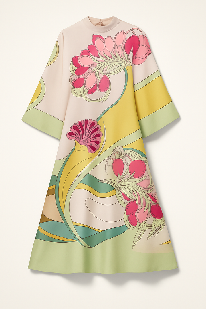 Darla Satin Colorful Baroque Style Printed Tie-up Neck Bell Sleeve Maxi Dress