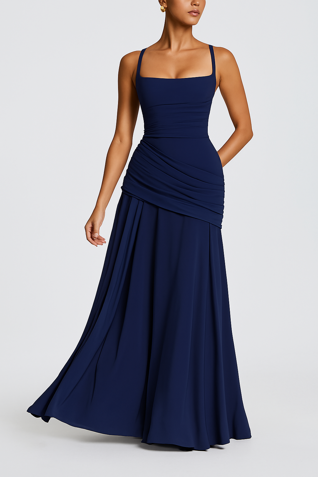 Stylish Spaghetti Strap Square Neck Slim-fit Elegant Pleated Maxi Dress