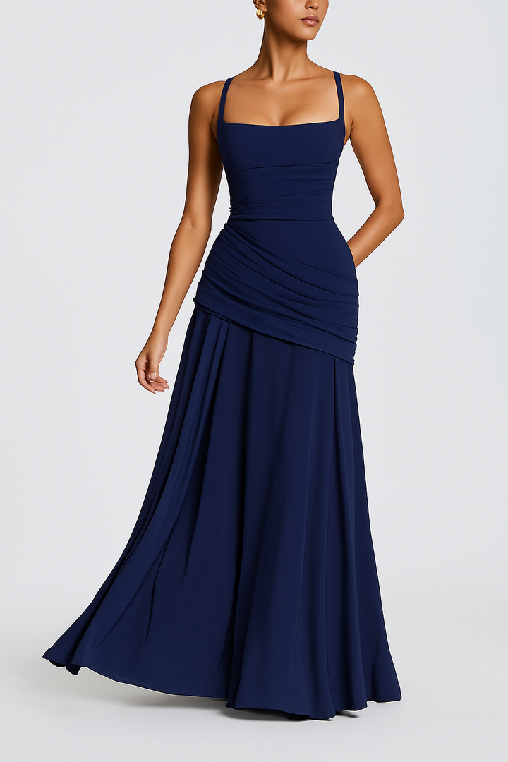 Stylish Spaghetti Strap Square Neck Slim-fit Elegant Pleated Maxi Dress