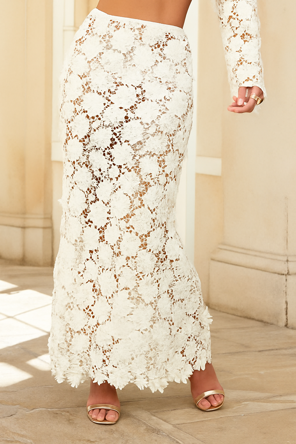 Stylish Long-sleeved Backless Lace Top and Elegant Openwork Maxi Fishtail Skirt Set