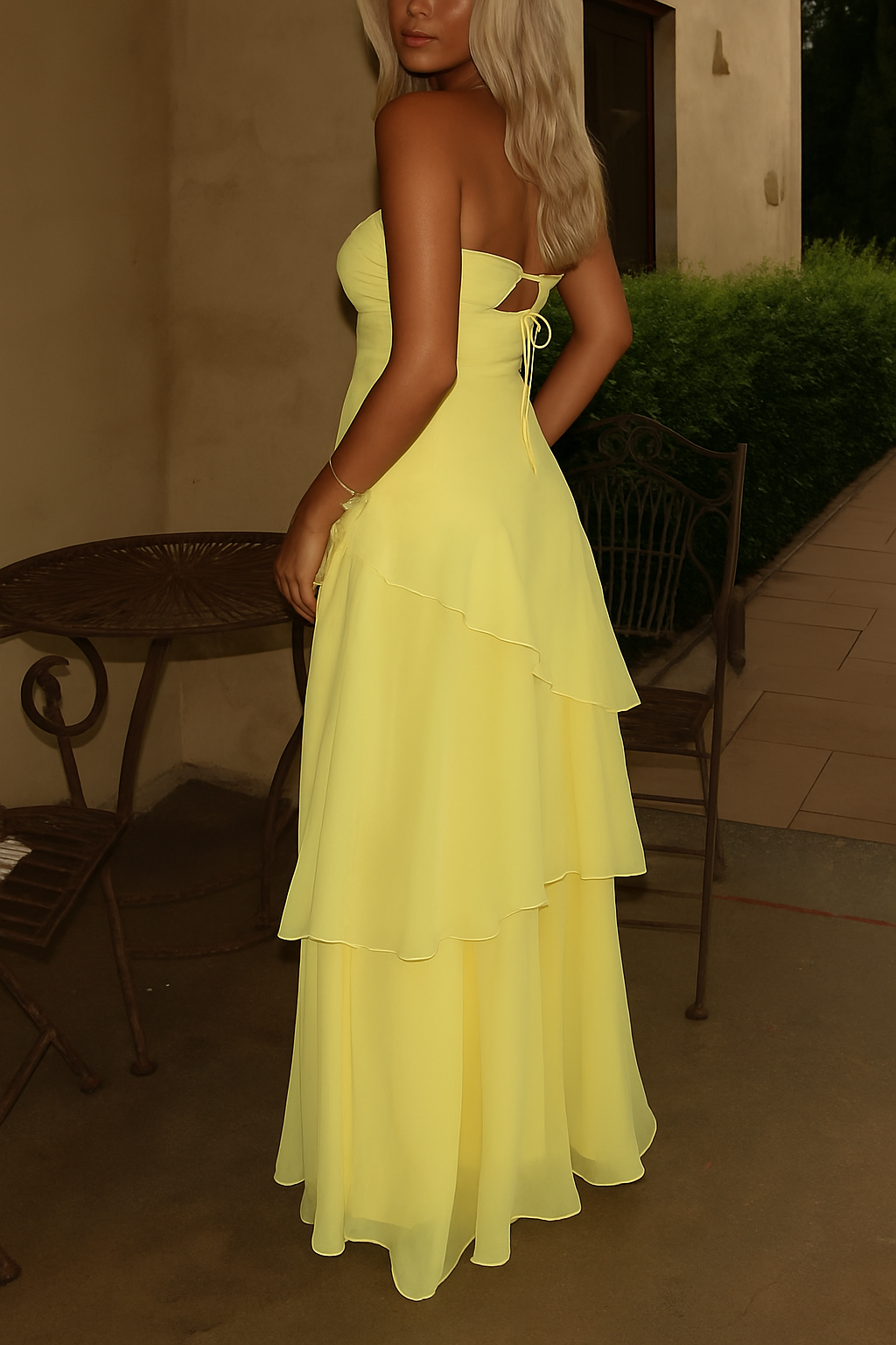 Gretta Heart-shaped Cutout Neckline Layered Ruffles Strapless Maxi Dress
