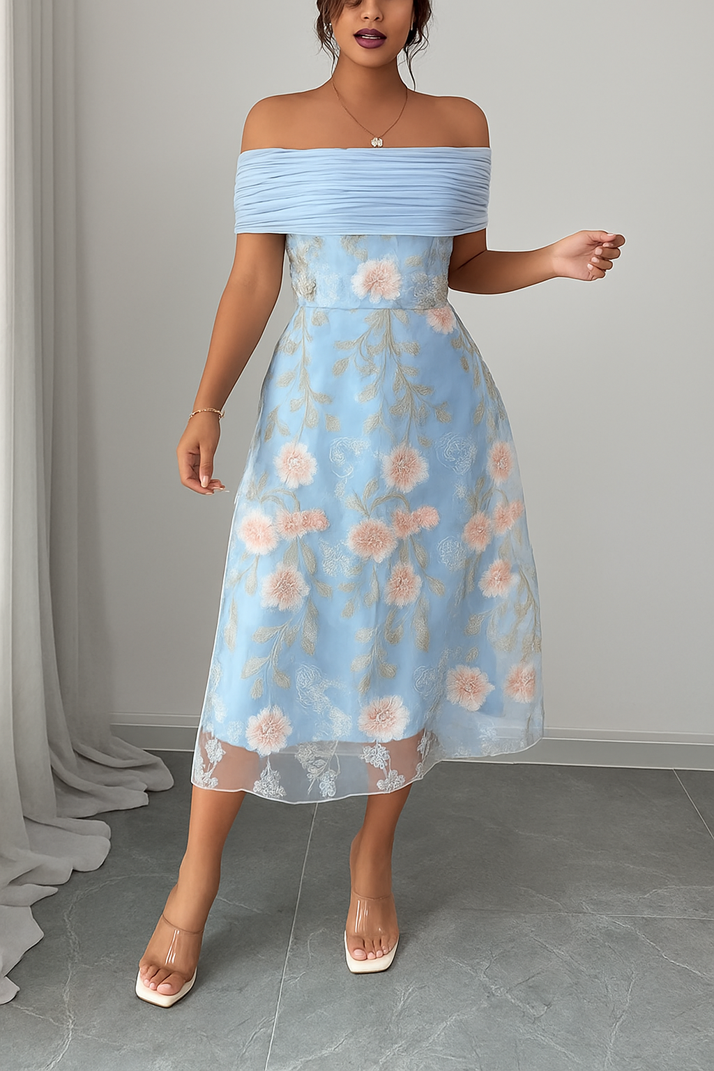 Elegant Ruched Off-Shoulder Floral Appliqué Midi Dress