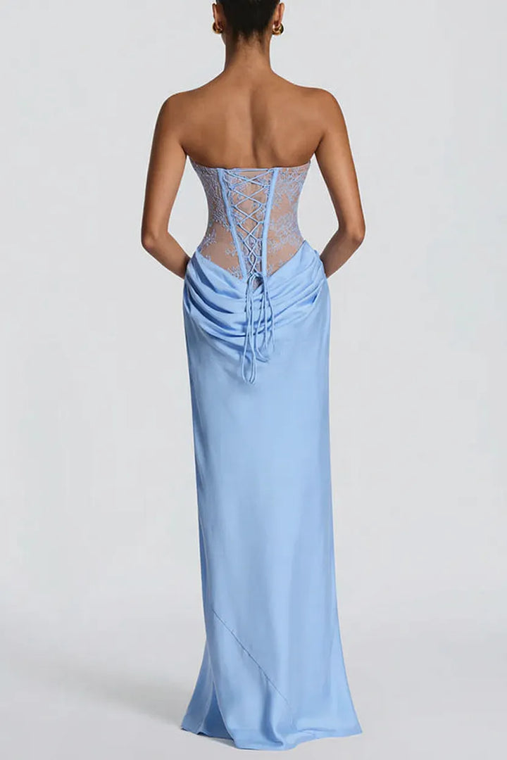 Kathleen Floral Lace Contrast Structural Detail Back Lace-up Satin Hem Strapless Maxi Dress