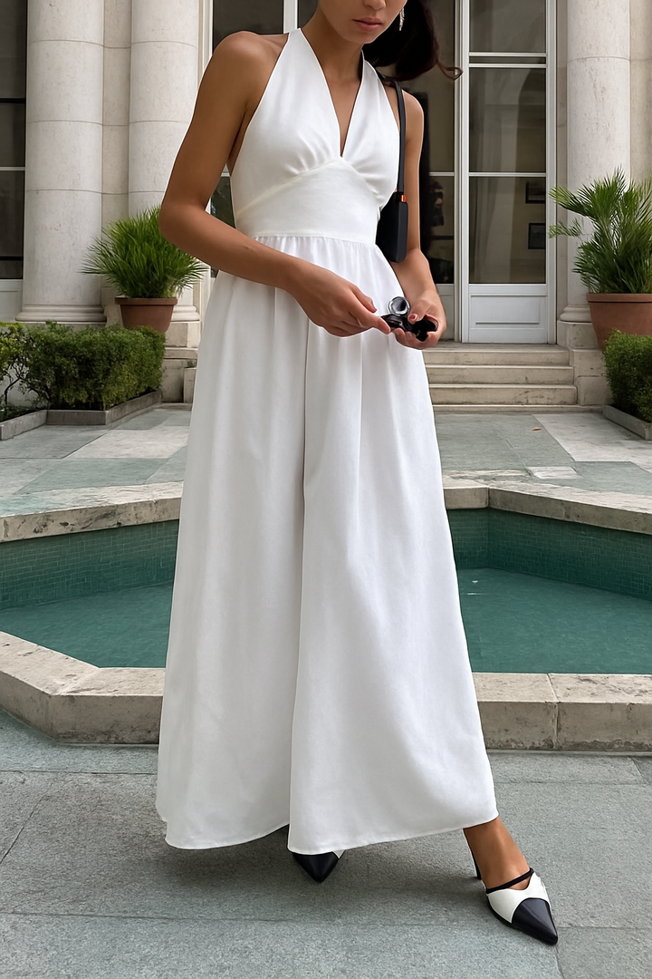 Solid Color Halter Neck Tie Elegant Backless Waist-cinching Maxi Dress