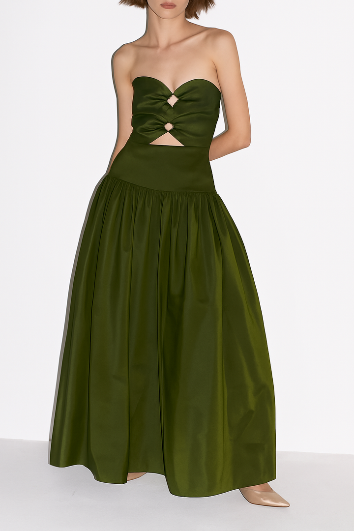 Elinna Silk Taffeta Crystal Rings Cut-out Detail Strapless Maxi Dress