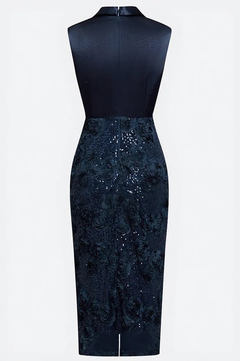 Isabele Satin Lapel V Neck Sleeveless 3D Floral Glitter Sequin Hem Sheath Midi Dress