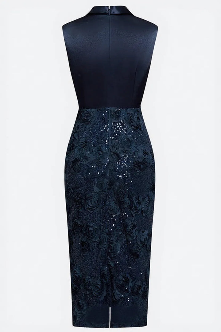 Isabele Satin Lapel V Neck Sleeveless 3D Floral Glitter Sequin Hem Sheath Midi Dress