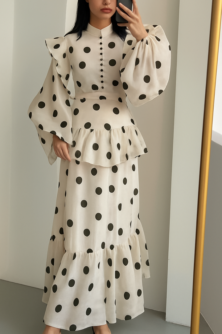 Stylish Polka Dot Print Stand Collar Long Sleeve Elegant Ruffle Maxi Dress