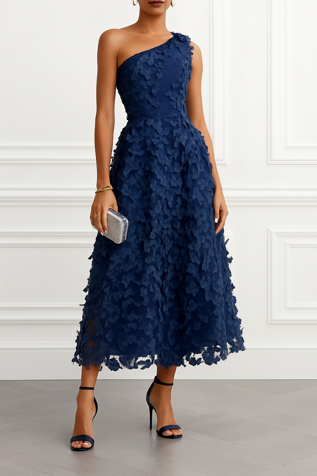 Lynelle Tulle 3D Floral Butterfly One Shoulder Sleeveless A-Line Midi Dress