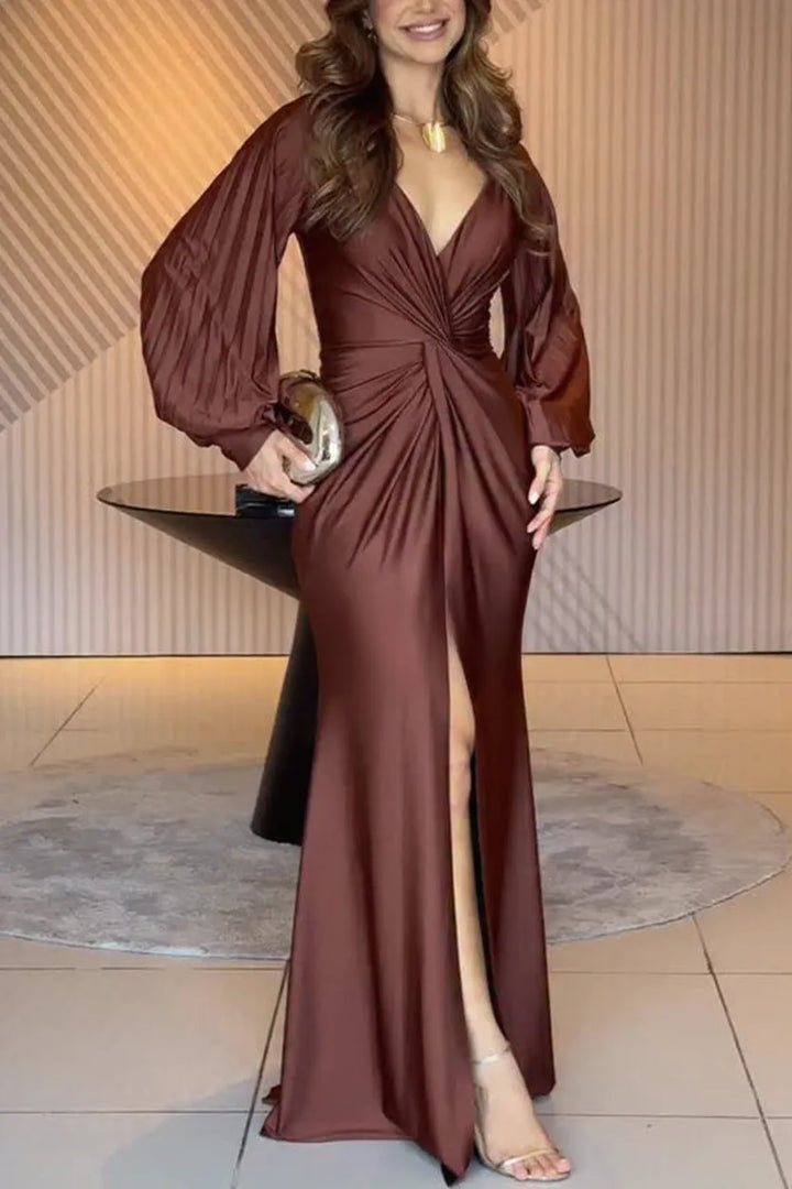 Raise A Toast Satin Long Balloon Sleeve Twist Waist Slit Maxi Dress