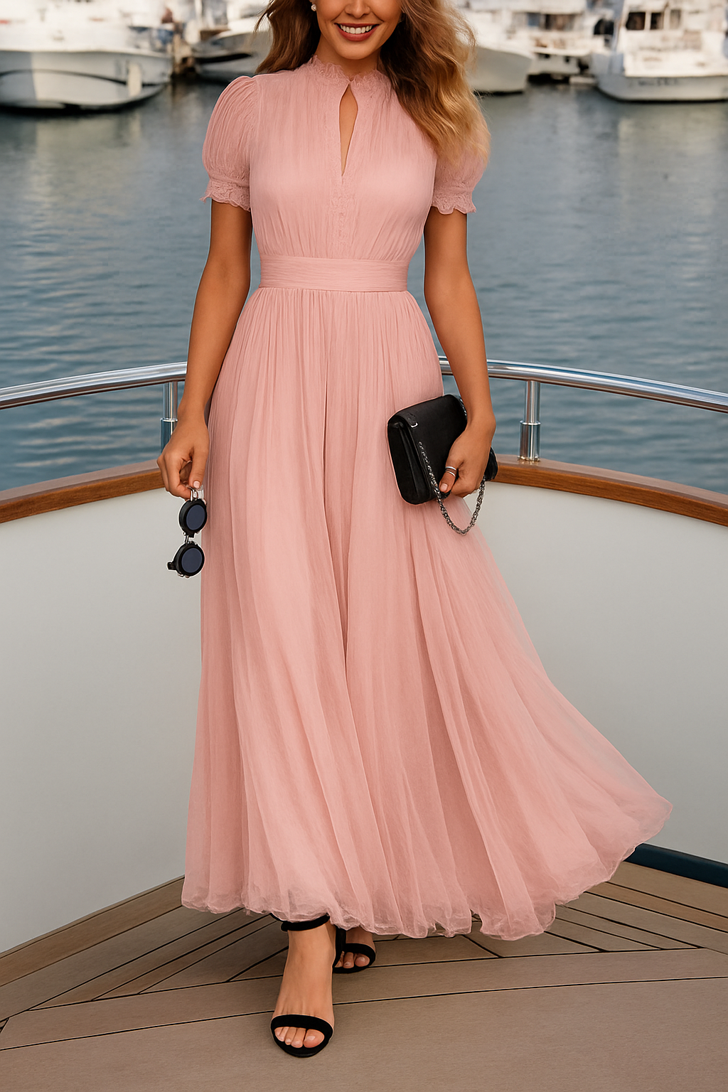Lamberty Chiffon Lace Trim Cutout Neck Puff Sleeve Elastic Waist Maxi Dress