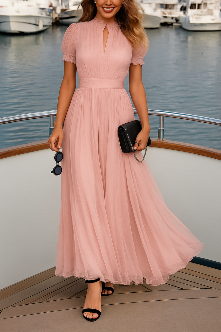 Lamberty Chiffon Lace Trim Cutout Neck Puff Sleeve Elastic Waist Maxi Dress