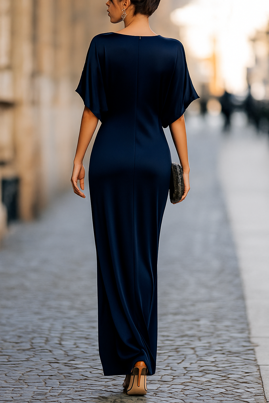 Solid Color Round Neck Short-sleeved Elegant Draped Maxi Dress