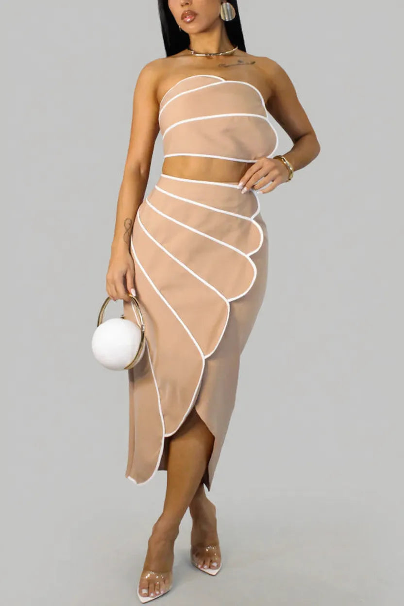 Stylish Spaghetti Strap Cropped Fitted Top and Elegant Asymmetrical Midi Skirt Set