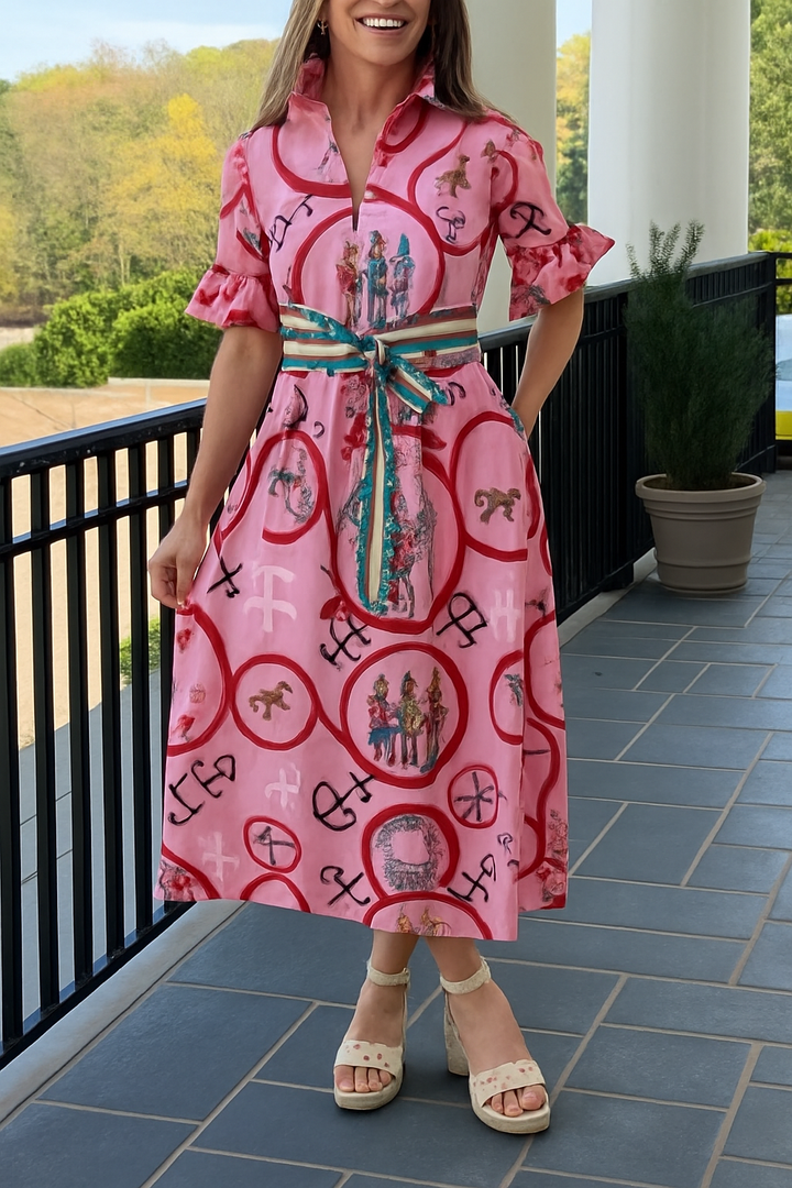 Churchill Social Playful Warhorse Print Stand Neck Ruffle Sleeve Belted Pocket Caftan Midi Dress