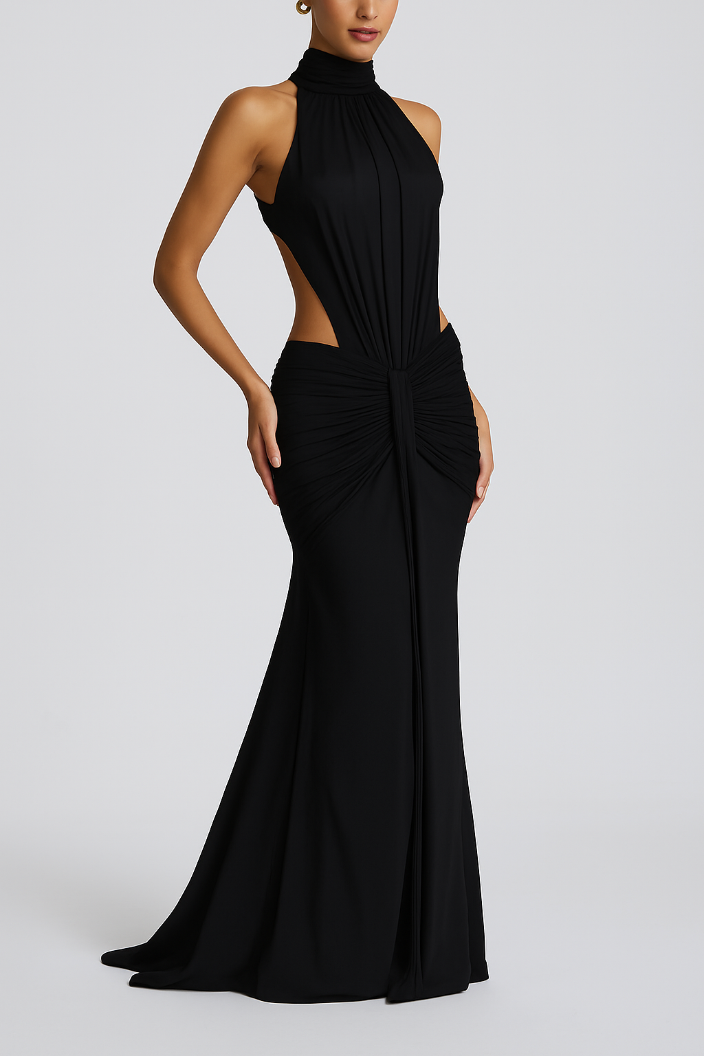 Thekla Stretch Slinky Jersey High Neck Ruched Backless Drape Maxi Dress