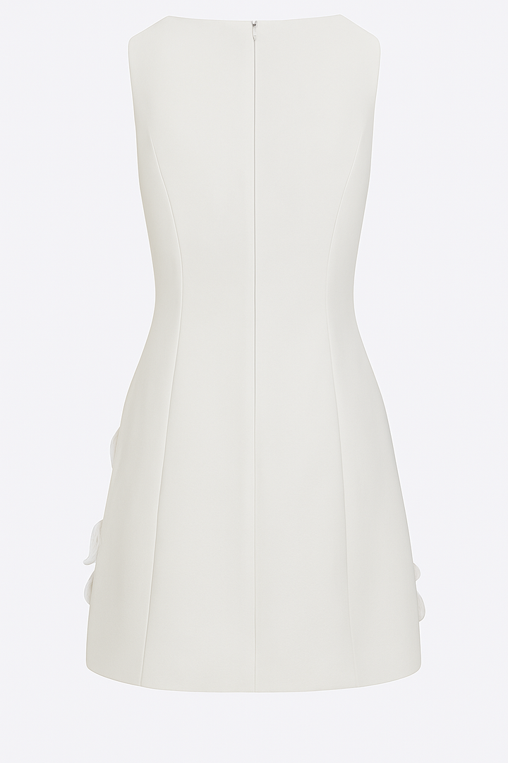 Delicate Silhouette Pearl Trim Cutout Neck Sleeveless 3D Florals Hem Mini Dress