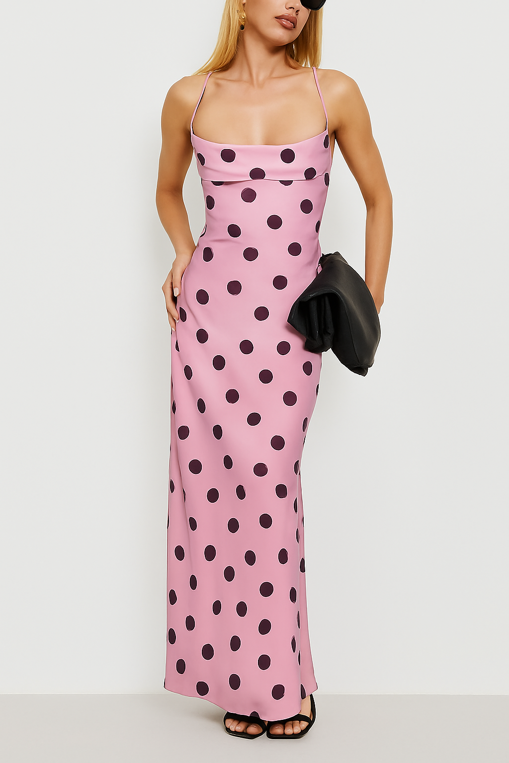 Polka Dot Print Halter Neck Backless Tie Elegant Slim-fit Maxi Dress