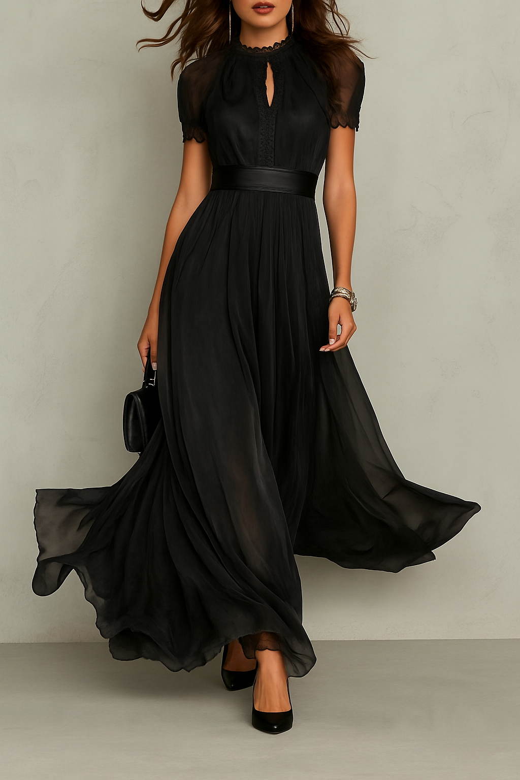 Elegant Lace Trim Keyhole Puff Sleeve Flowing Chiffon Maxi Dress