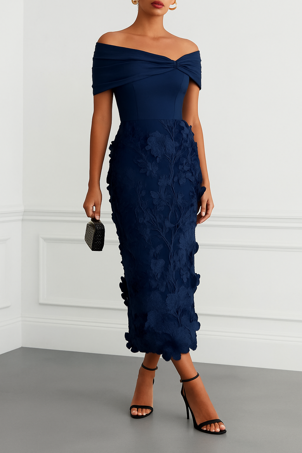 Classic 3D Floral Embroidery Off The Shoulder Short Sleeve Sheath Midi Dress