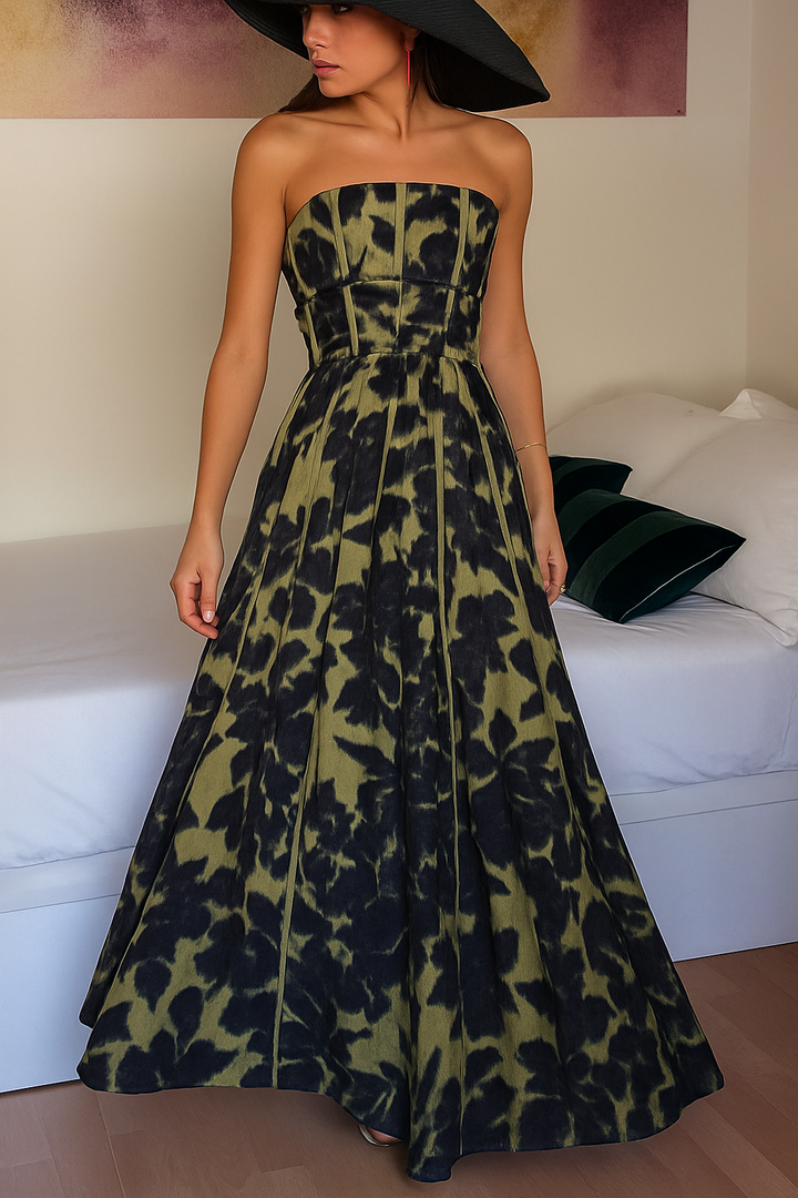 Elara Linen Blend Floral Print Princess Line Design Detachable Sleeves Maxi Dress