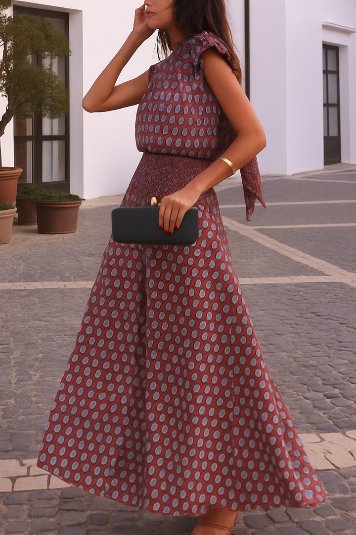 Dalena Satin Art Print High Tie-up Neck Short Sleeve Top and High Rise Maxi Skirt Set
