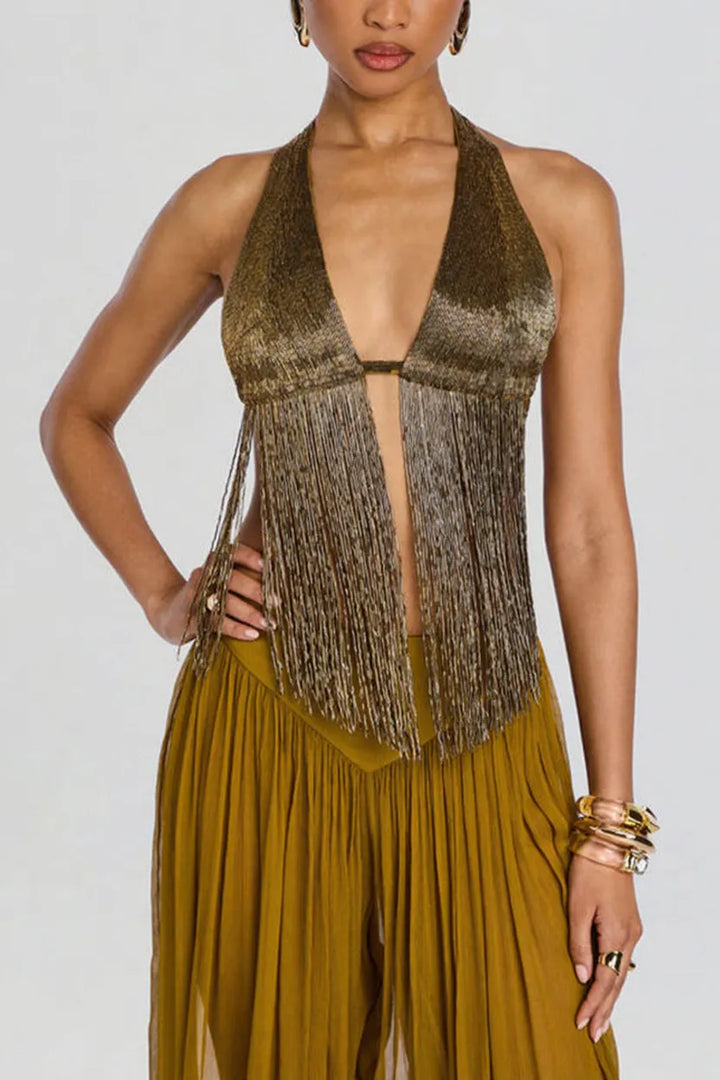 Sereya Triangle Cup Tube-bead Fringe Halter Backless Top