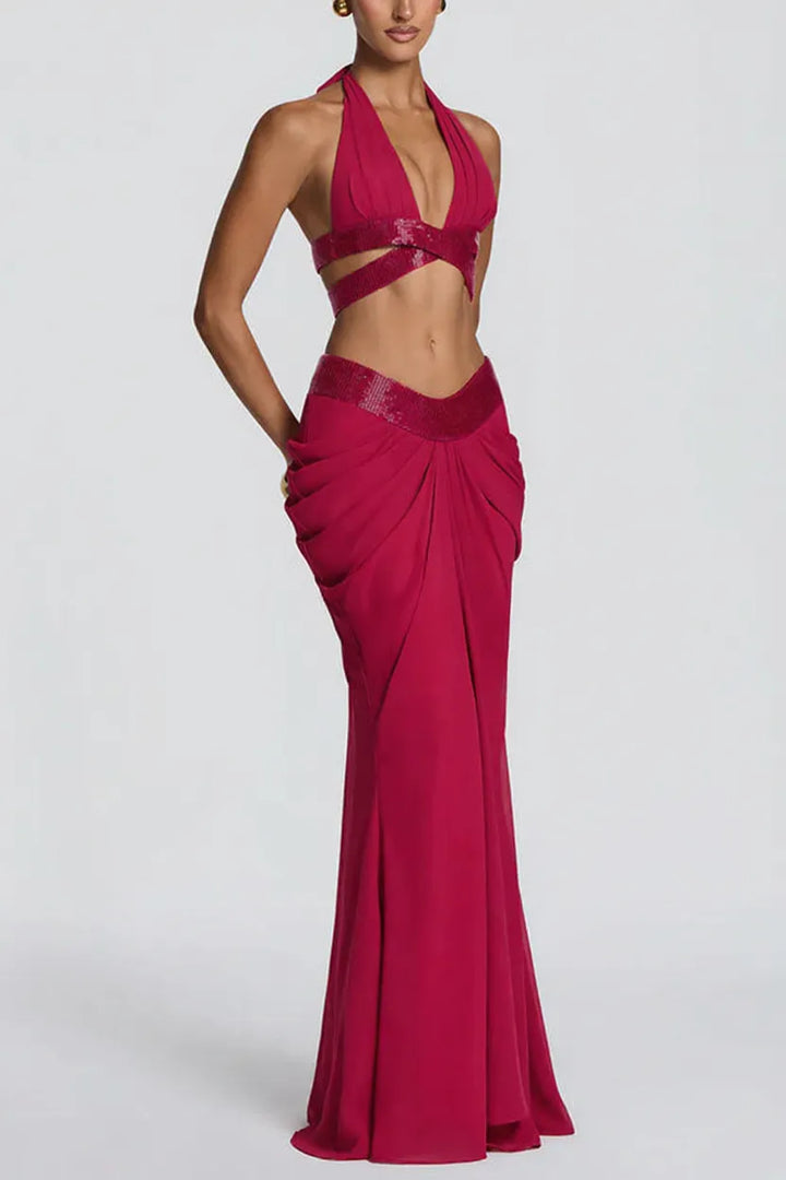 Sophie Chiffon Embellished Trim Crop Halter Tank and Dramatic Gathered Drape Maxi Skirt Set