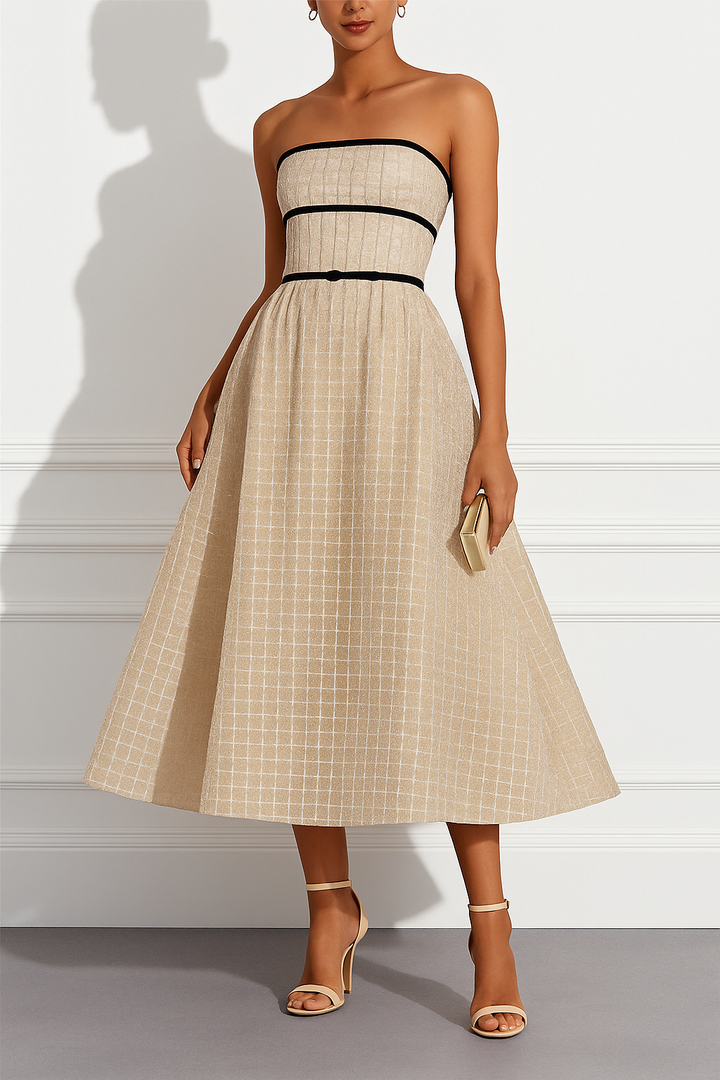 Stardust Plaid and Sequin Bow Patchwork Detail Strapless A-line Midi Dress