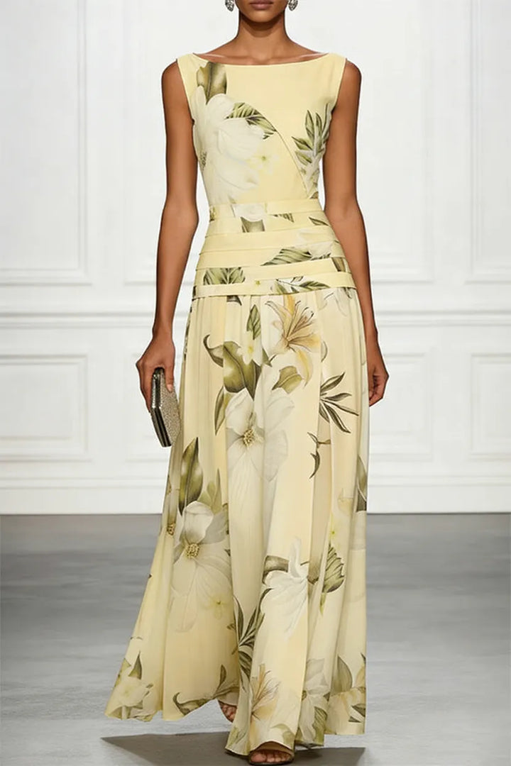 Classic Floral Print Boat Neck Ruched Waist Sleeveless A-Line Maxi Dress