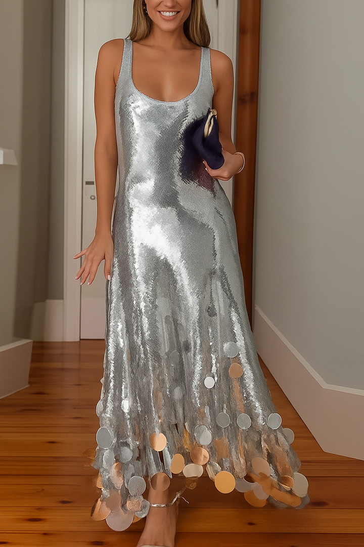 Party Tips Sequin Irregular Round Tassels Hem Back Cutout Tank Maxi Dress