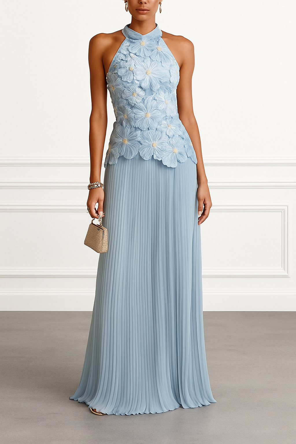 Emilie 3D Floral Embroidery Pleated Chiffon Hem Halter Neck Sleeveless Maxi Dress