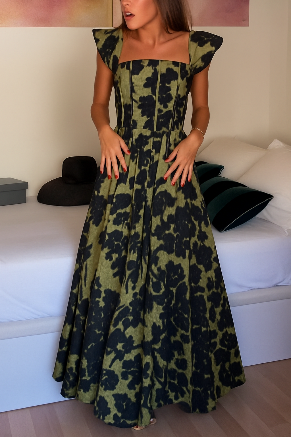 Elara Linen Blend Floral Print Princess Line Design Detachable Sleeves Maxi Dress