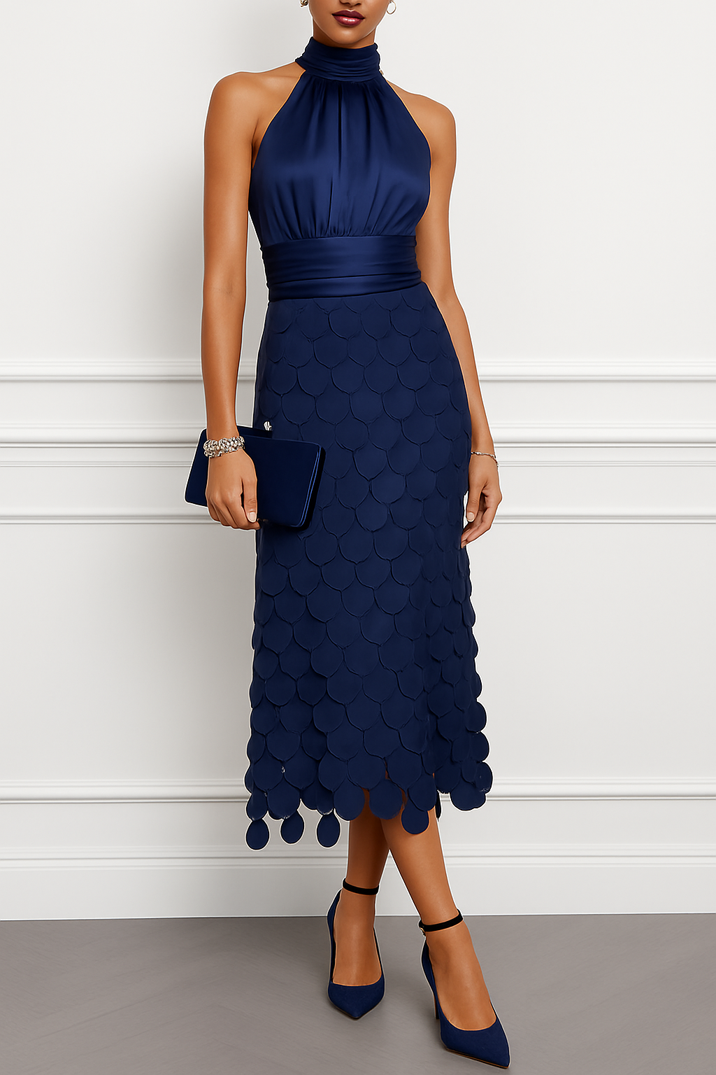 Janice Satin Ruched Halter Neck Sleeveless Embroidered Polka Dot Hem Midi Dress
