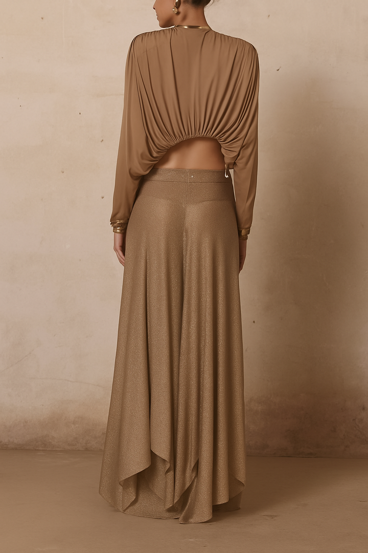 Dazzle Vacation Metallic Knit Long-sleeve Draped Crop Top and Mid Rise Irregular Slit Hem Maxi Skirt Set