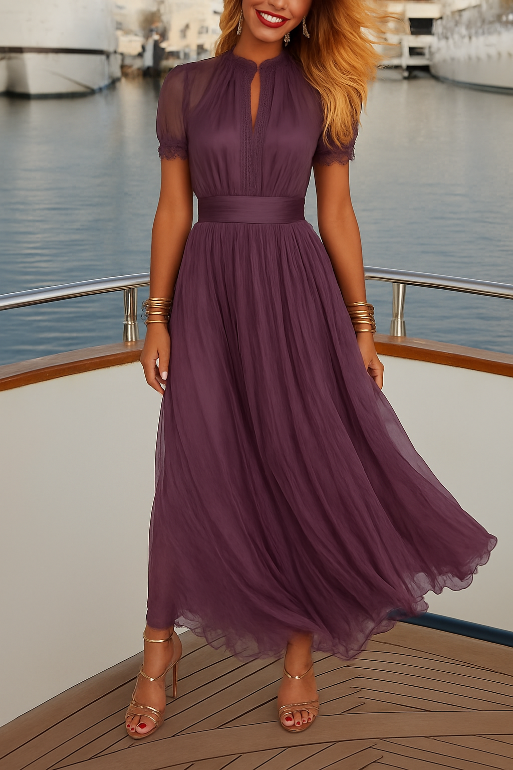 Lamberty Chiffon Lace Trim Cutout Neck Puff Sleeve Elastic Waist Maxi Dress