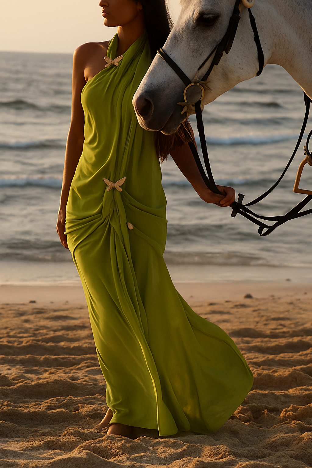 Touch of Drama Mesh Butterfly Metal Clips One Shoulder Backless Maxi Dress