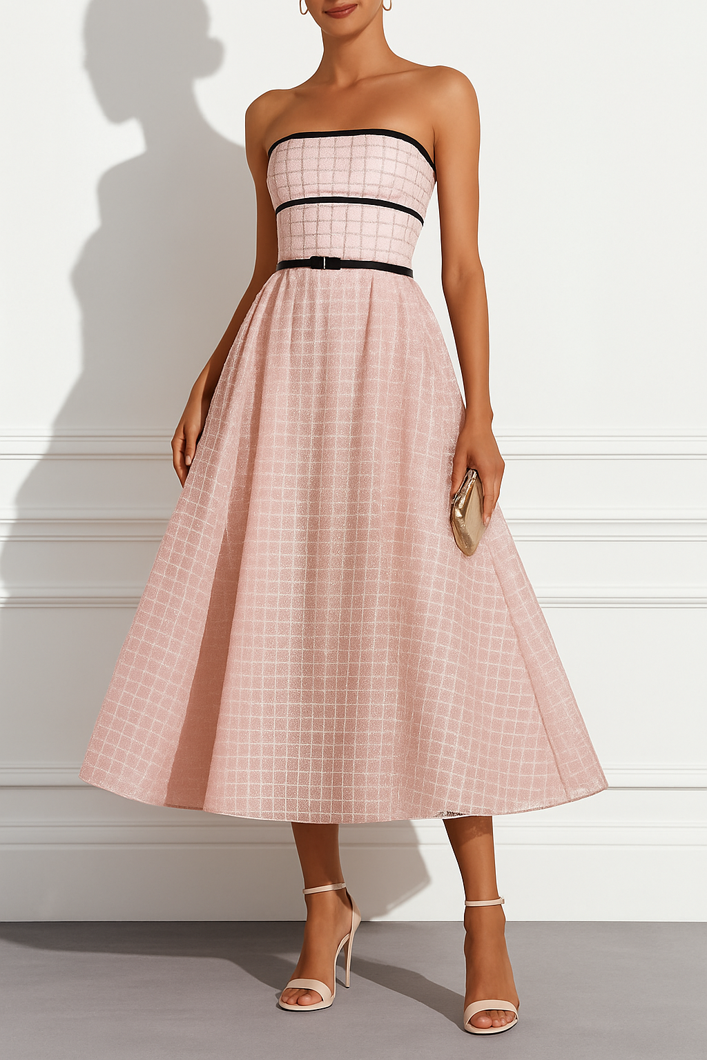 Stardust Plaid and Sequin Bow Patchwork Detail Strapless A-line Midi Dress